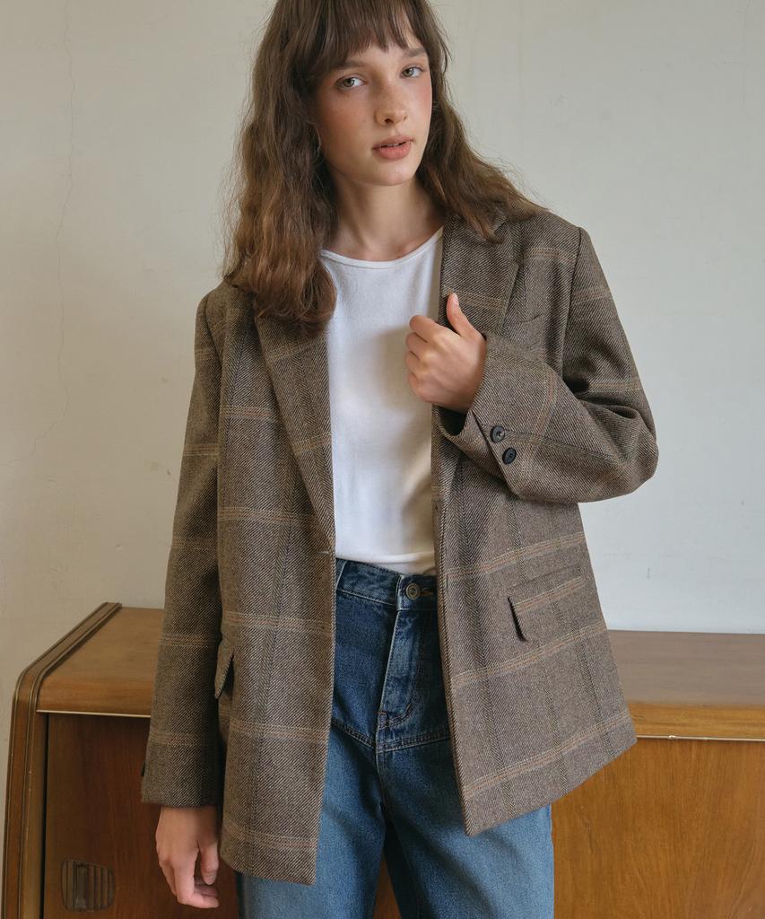 Ournostalgia Vintage Wool Check Tailored Half Jacket_Brown(O25-Ot03)