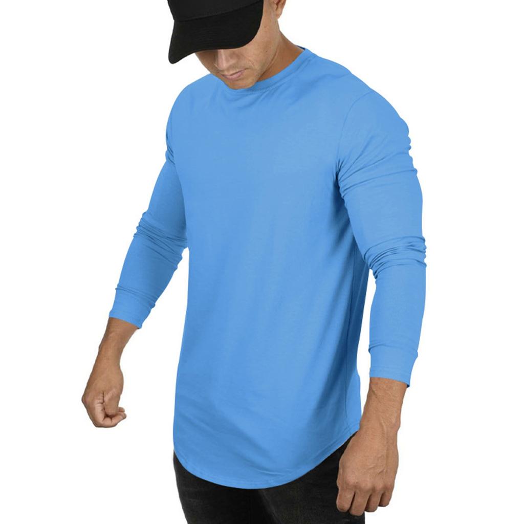 Мужская осенняя повседневная однотонная футболка с круглым вырезом и длинным рукавом