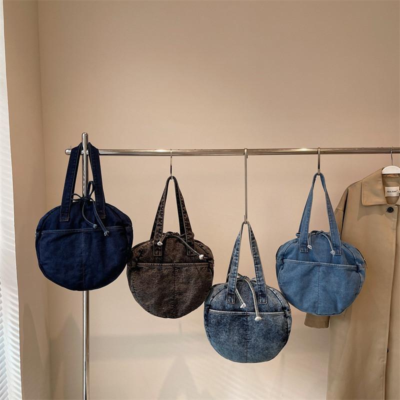 Bow Round Shape Denim Bag For Women Streetwear Fashion Large Capacity Casual Purse