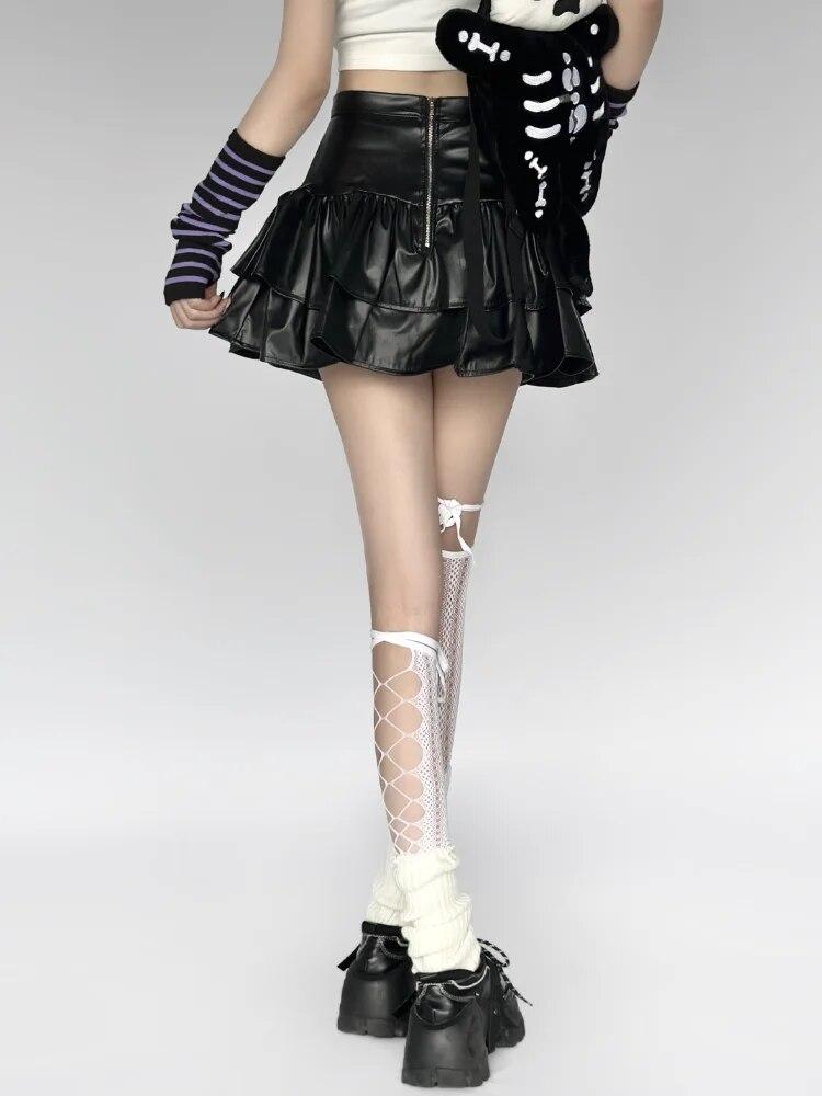 Punk Style PU Leather Mini Skirts Women High Waist Lace Up Black Pleated Skirt Streetwear Korean Style Leisure A-line