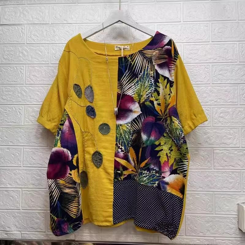 Dimanaf 2024 летние женские футболки больших размеров с цветочным принтом, элегантные лоскутные топы с рукавами, футболки, свободная повседневная льняная рубашка 91688