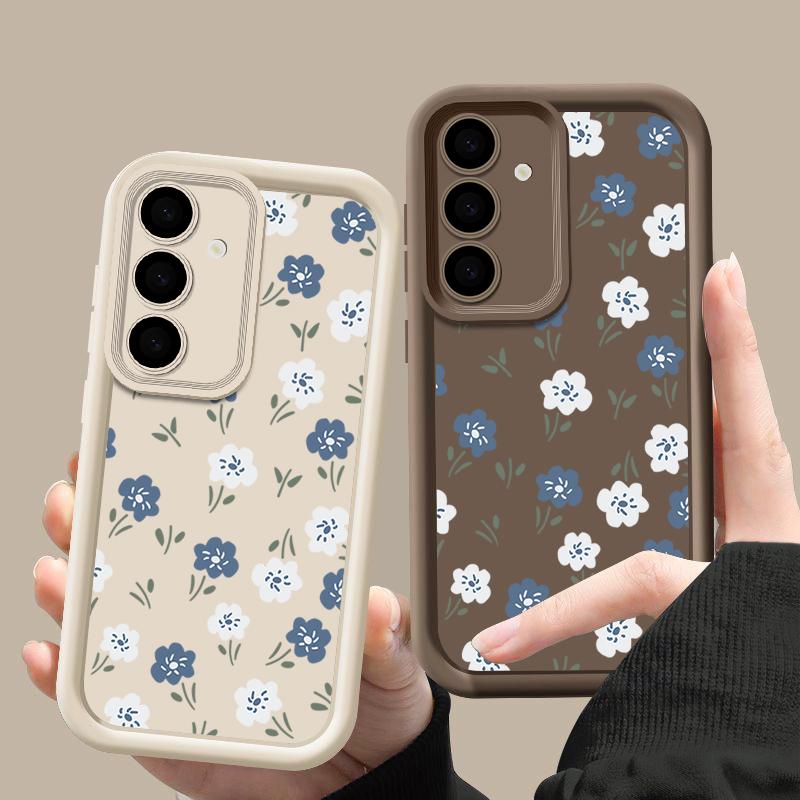 Синий чехол-накладка с цветочным узором для Samsung S25 S24 S22 Ultra S26 Plus S23 S21 S20 Fe A15 A34 A35 A54 A53 A55 A56 A17 A37 A57 5g Ударопрочный силиконовый чехол