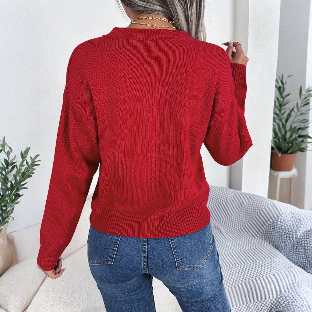 Women's Fashionable Round Neck Long Sleeved Heart-shaped Color Blocked Pullover Sweater Casual Top