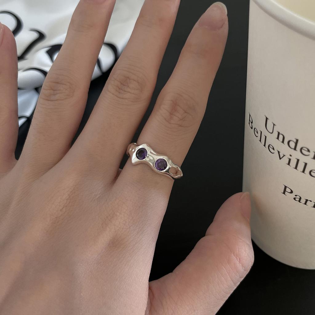 Кольцо с нерегулярным фиолетовым цирконием, регулируемое, нишевое, холодное, премиум, 925 пробы, открытое кольцо из стерлингового серебра