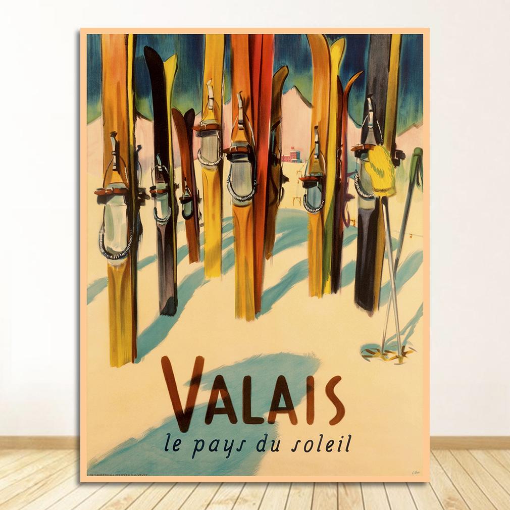 Винтажные настенные крафт-постеры с покрытием, настенные наклейки для украшения дома, фотографии в стиле ретро, ​​лыжи в Альпах, Швейцария, холст, живопись, катание на лыжах
