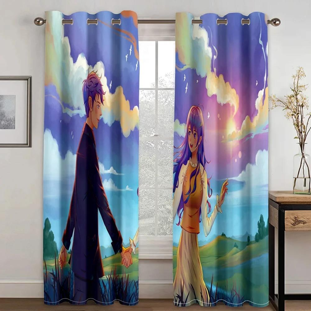 Аниме Парочка Принт Высокая Затенение Шторы Романтика для Спальни Плотная Затемняющая Штора Эстетический Стиль Узор Шторы Многоцветный