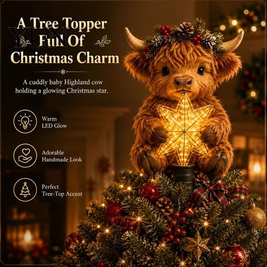 Handmade Style Tree Accents Highland Cow Glowing Star Topper, Lighted Christmas Decoration with Charming Gift for Warm LED, Battery Operated