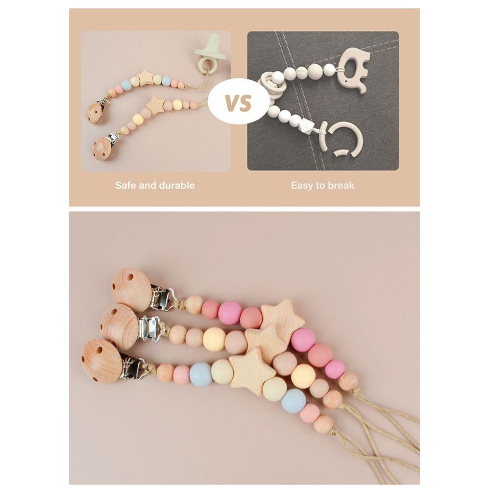 Star Pacifier Holder Clips Wood Baby Teether Toys Straps Anti-lost Baby Pacifier Chain  Toddler