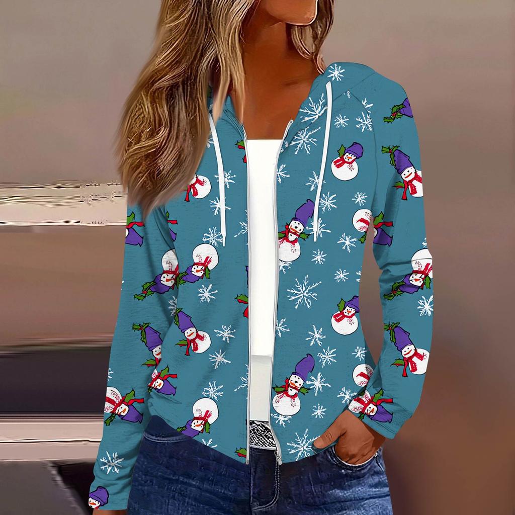 Women's Fashion Christmas Print Casual Zip-Up Long-Sleeved Hooded Jacket