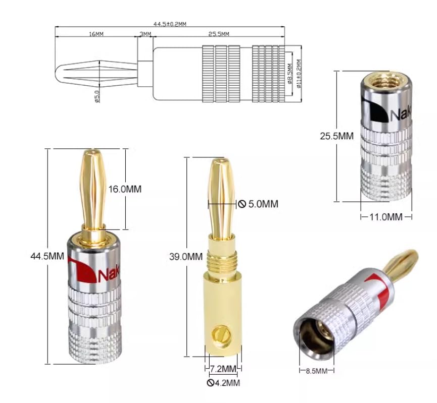 Nakamichi Banana 24K Gold Plated for MINAKIKO Binding Posts 6 12 Plugs, (Quantity Selectable), Speakers, 4mm, (6 Red, Black, Total)