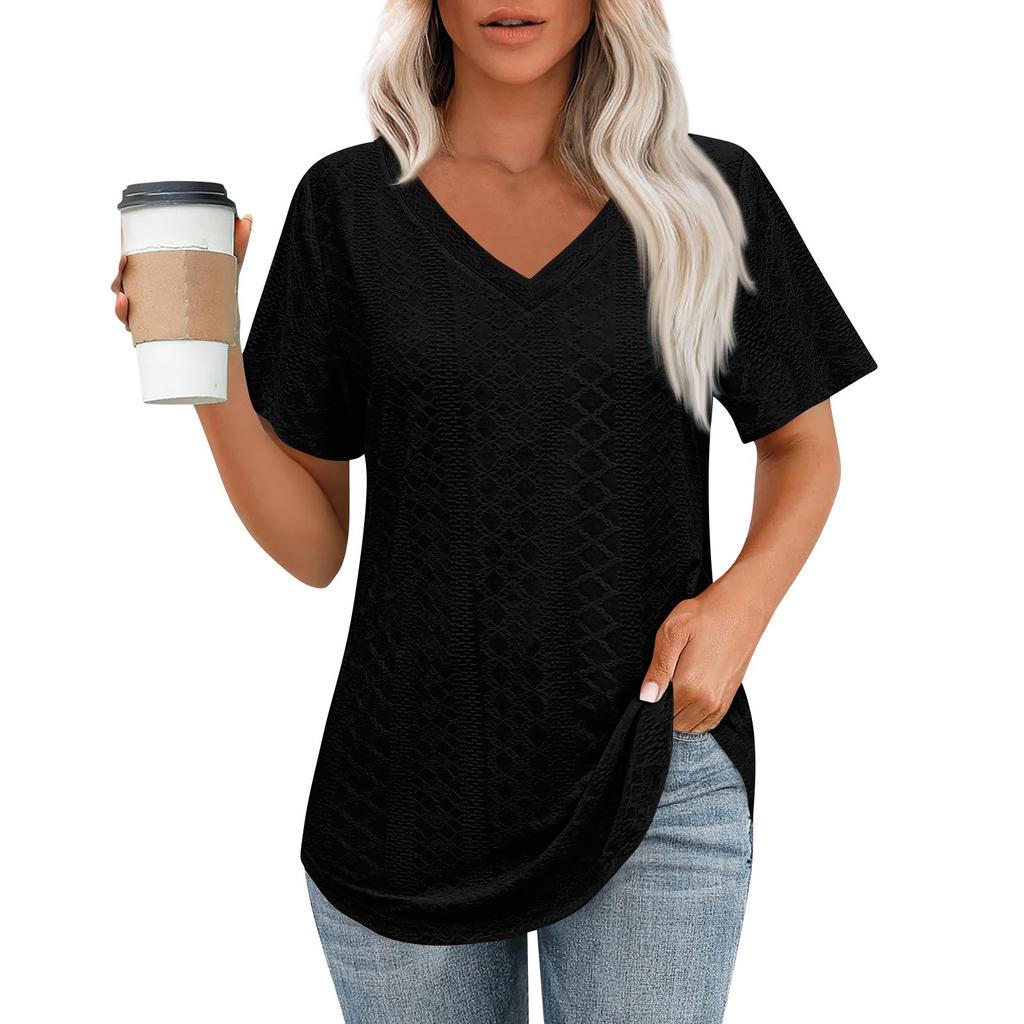 Womens T Shirts V Neck Short Sleeve Casual Tops Loose Fit Basic Tees With Curved Hem