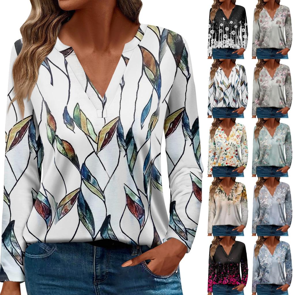 Жен. Футболка Футболка С принтом Пуговицы Длинный рукав Повседневные Выходные Мода Классический V-образный вырез Обычный Топ