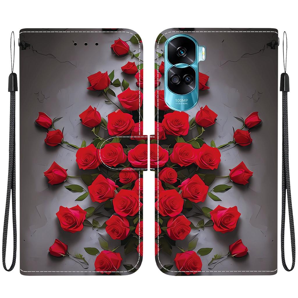 Чехол-книжка из искусственной кожи ручной работы для Honor 90 Lite (ЭЛТ-NX1) Противоскользящий ударопрочный чехол с ремешком на запястье и дизайнами в виде сердец/роз и кошек