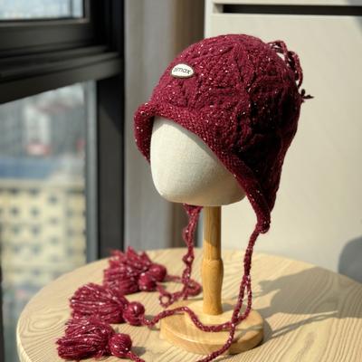 Корейская ретро красная вязаная шерстяная шапка для женщин на осень и зиму теплая шапка с кисточками и защитой ушей универсальная шапка-носок, подчеркивающая лицо