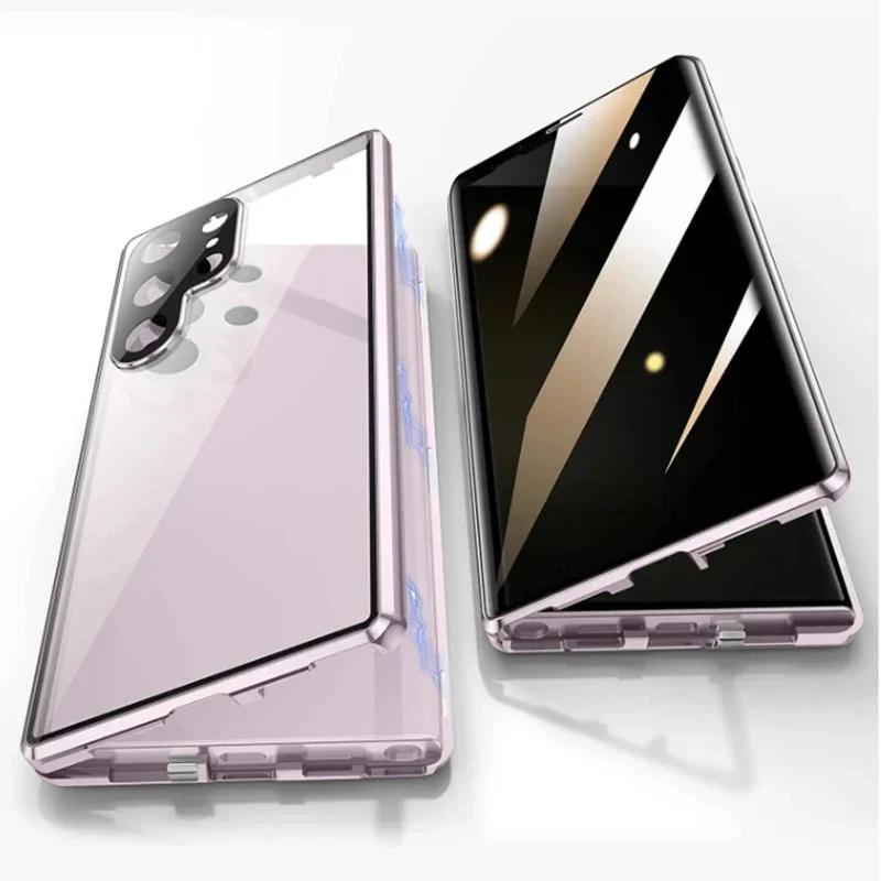 Магнитный чехол из металла со стеклом конфиденциальности для Samsung Galaxy S26 Ultra S25 S24 FE S23 S22 S21 Plus A17 A57 A37 A55 A56 Защита от подглядывания 360°