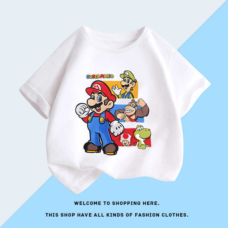 2026 Super Mario and Luigi Anime Childrens Cotton Shortsleeved Tshirt Cartoon Game Trendy Top for Boys Casual Short Sleeves