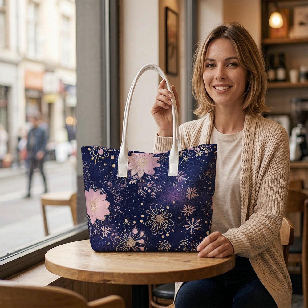 Purple Floral Print Shoulder Bag Casual Fashion Large Capacity Daily Tote Handbag