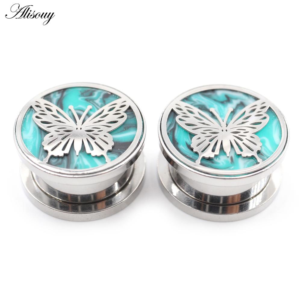 Alisouy 2PCS нержавеющая сталь бабочка зеленый камень ушные туннели заглушки расширитель растяжитель калибр серьги пирсинг украшения для тела