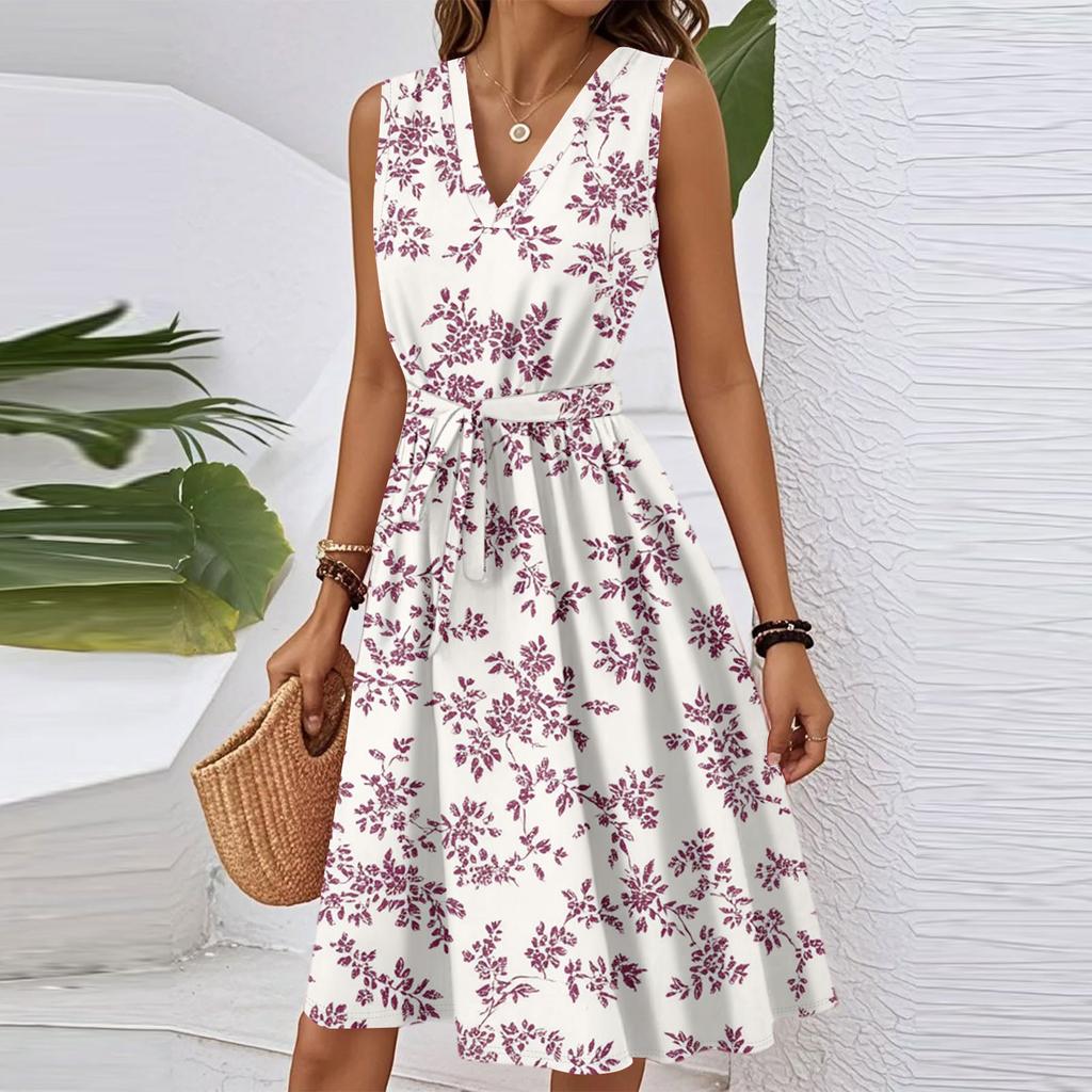 Women's Spring And Summer Casual V-Neck Sleeveless Waist Floral Print Midi Dress