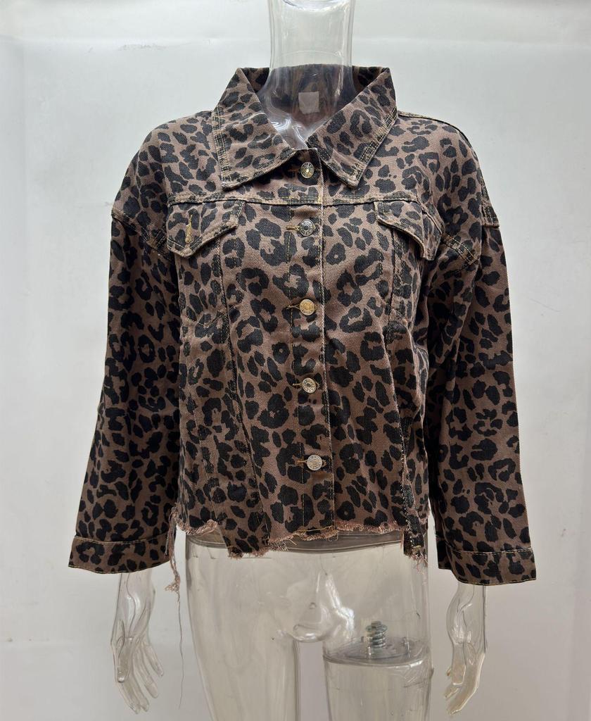 2022 Леопардовый принт Длинный рукав Джинсовая куртка Топ