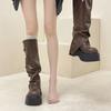 Vintage European and American versatile belt buckle pleated women's stacking boots autumn and winter thick-soled sleeve fashion boots thick-heeled le