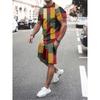 New Men's Suit Colorful Plaid Print Fashion Men's Suit Summer O-Collar Short-Sleeved Polo Shirt + Shorts Two-Piece Men's Suit