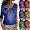 Women Autumn Floral Rose On the Chest Printed Long Sleeve T-Shirts Loose V-Neck Plus Size Tee Shirt Tops Comfy Blouse