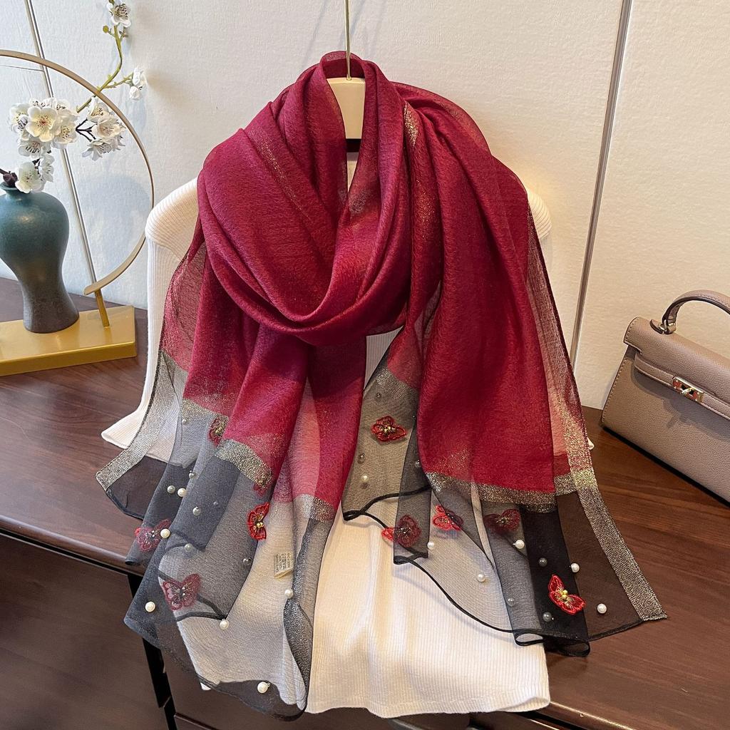 New Versatile Shawl Imitation Silk Thin Silk Scarf for Women Spring and Summer Butterfly Pearl Light Luxury Fashionable Warm Neck Protection Shawl