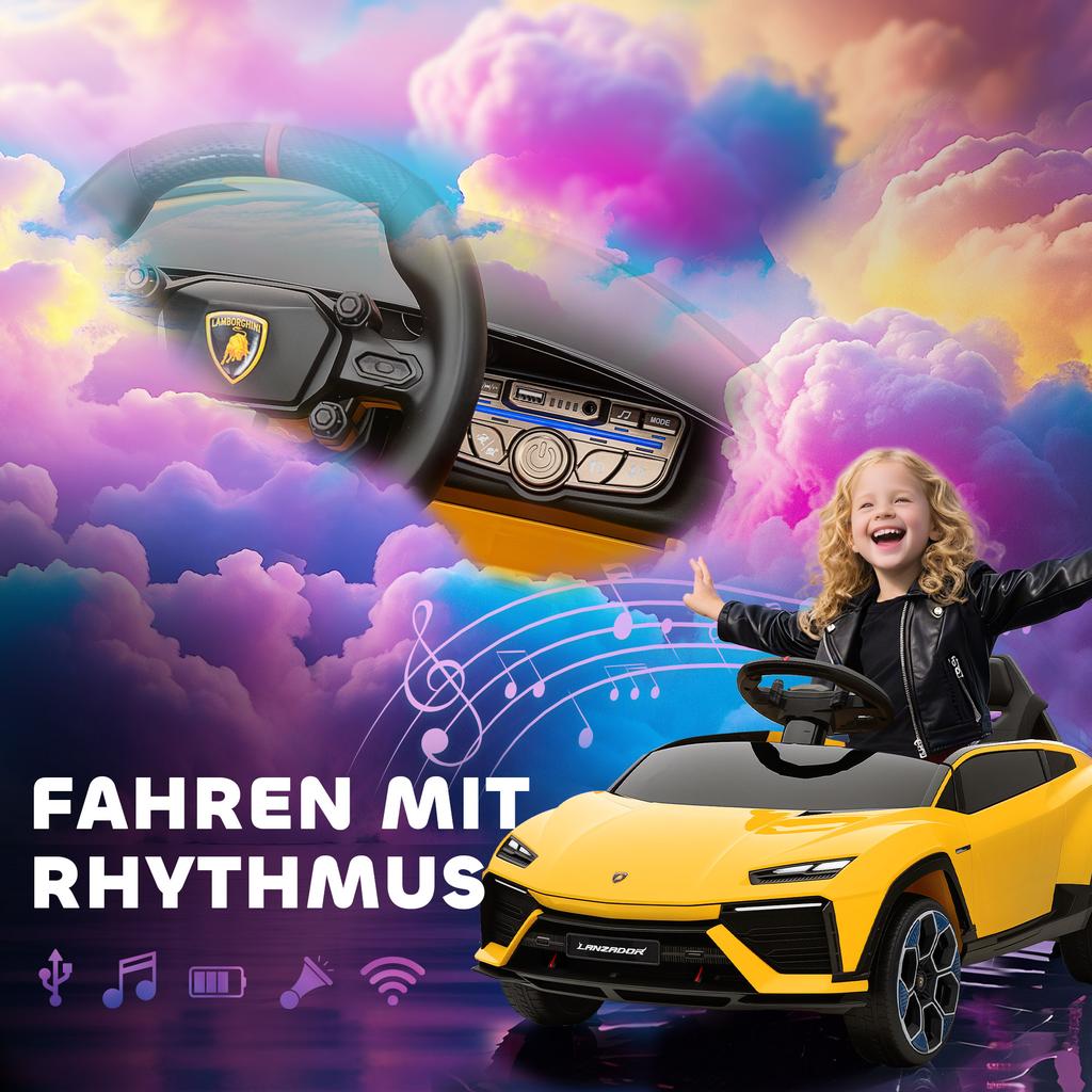 Kids' Electric Car 12V Kids' Car with 2.4 GHz Remote Control, 2 Motors, Horn, LED, Music, 101.5 x 49 x 43 cm, Yellow