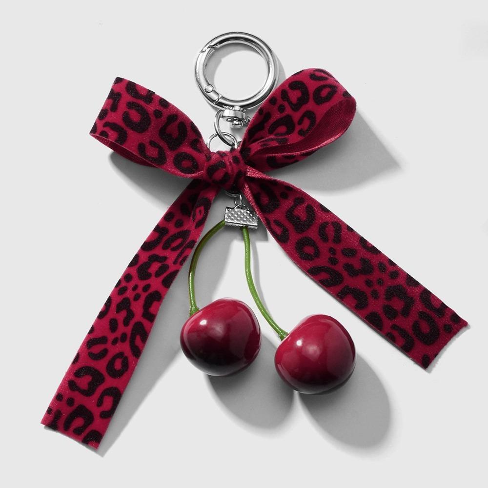 Leopard Pattern Cherry Pendant Mesh Pearl Bow Pendant Ribbon Bow Keychain  Bag Ornaments
