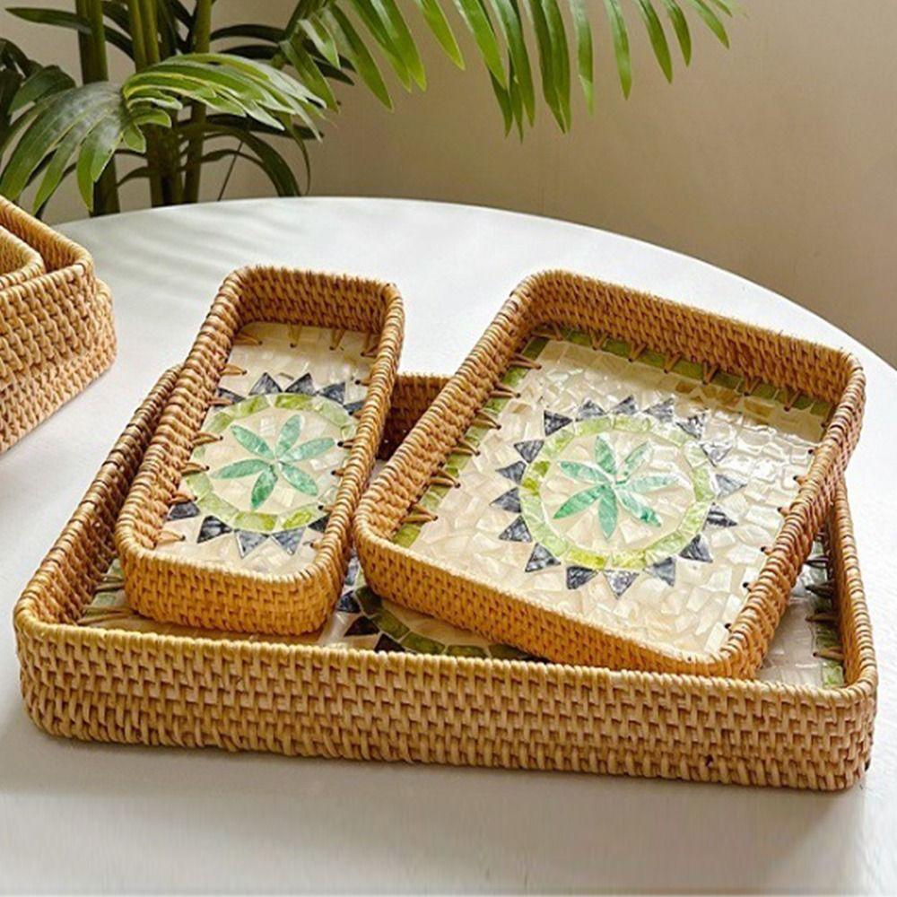 Hand Woven Rattan Shell Tray Rattan Weaving Bread Baskets Tray Living Room