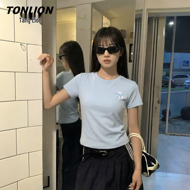 Женская футболка TonLion с круглым вырезом, коротким рукавом и бантом-бабочкой