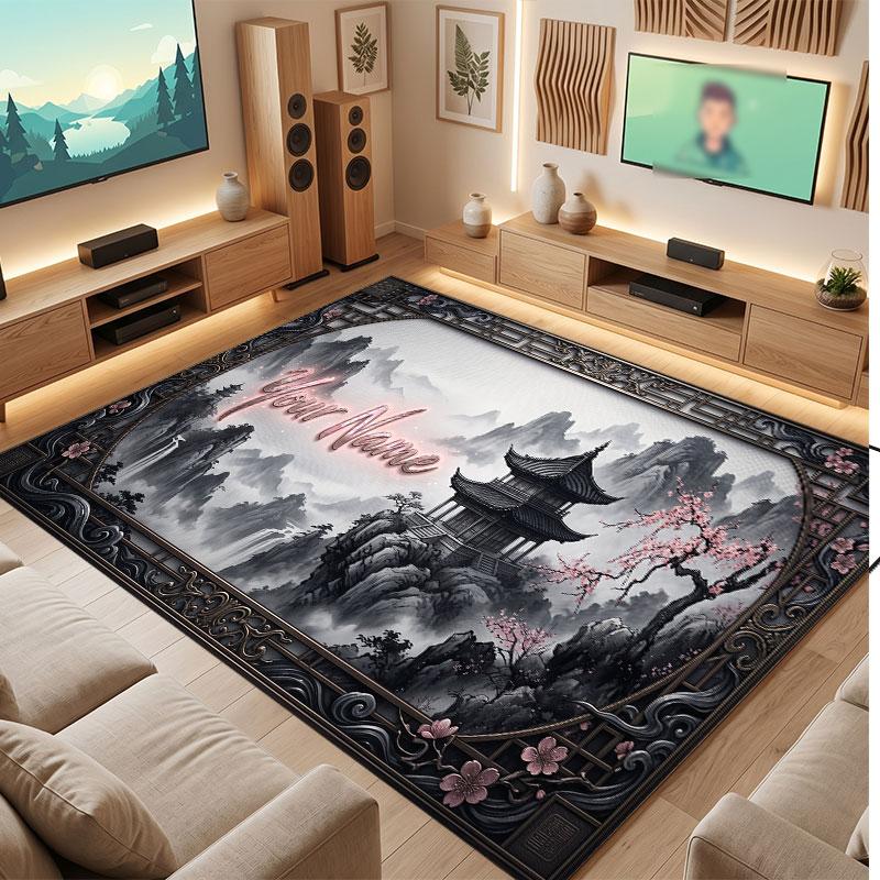Mountain Landscape Theme Crystal Velvet Floor Rug Personalized Custom Name Text Warm Carpet Home Decoration