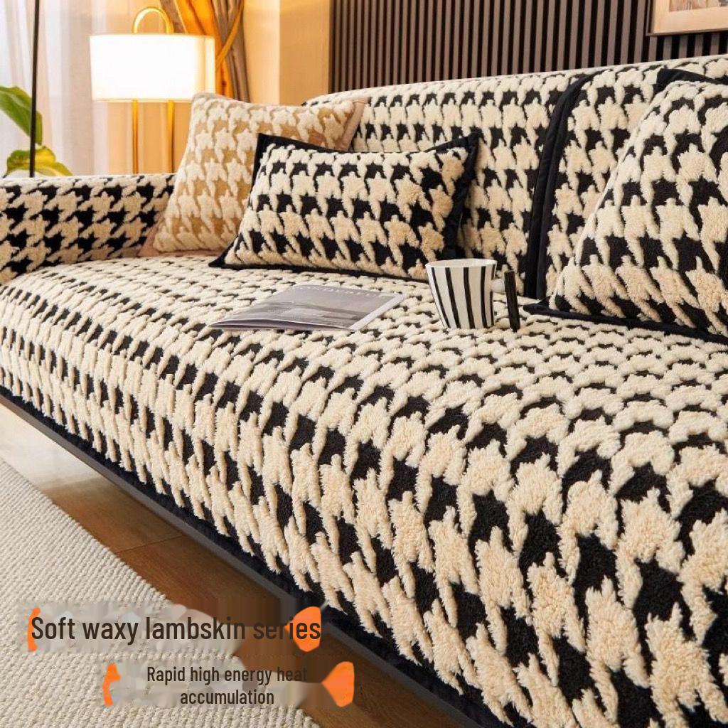 2023 Winter Houndstooth Plush Sofa Cushion Cover – Thick, Non-slip, Universal Pastoral Style