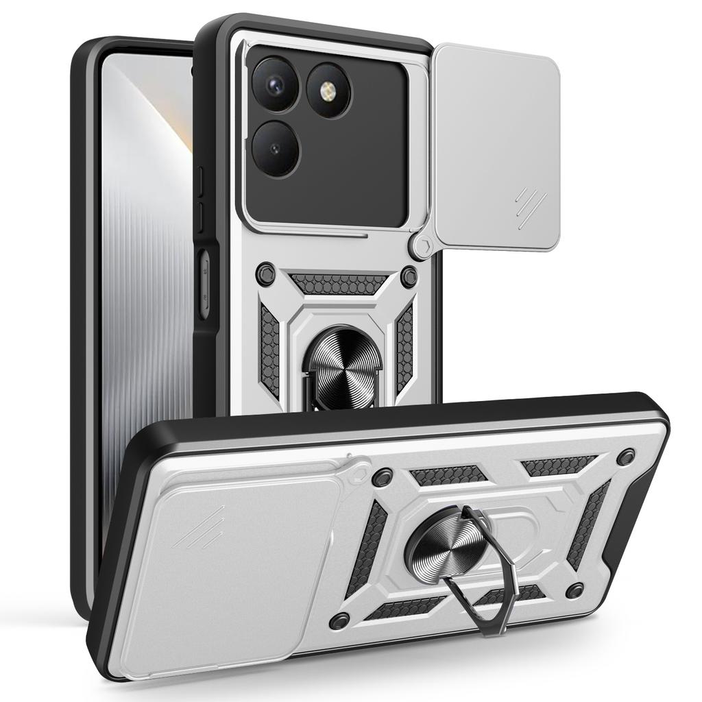 For TECNO Pova 7 4G Case with Slide Camera Lid PC+TPU Kickstand Phone Cover