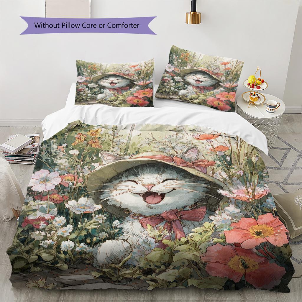 Cat with Vintage Hat Pattern Bedding Quilt Set Home Decoration Gift (1 * duvet cover + 2 * pillowcase, without core)