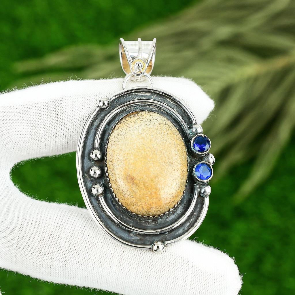 Sisters Day Deal Natural Picture Jasper Blue Topaz 925 Sterling Silver Pendant
