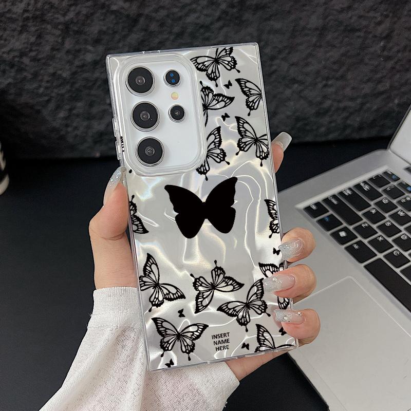 Черный блестящий глянцевый чехол для телефона с принтом бабочек для Samsung S25 S24 FE S23 Ultra A56 A36 A55 A16 A15 TPU PC Hybrid противоударный тонкий прозрачный бампер