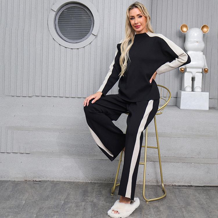 Осенне-зимний женский повседневный вязаный свитер, брюки, комплект из двух предметов, пуловер с длинным рукавом и брюки с широкими штанинами, спортивный костюм