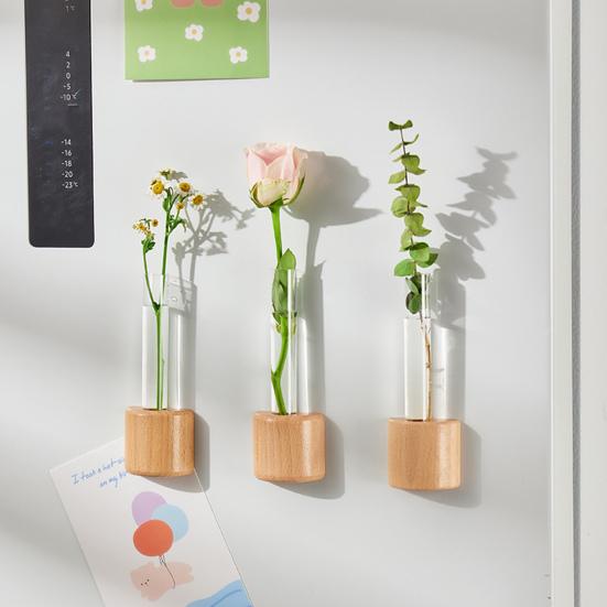 Fridge Magnet Vase Clear Glass Tube Vase with Wooden Base Magnetic