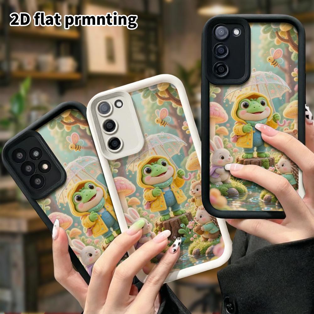 Phone case: 2D flat, suitable for Samsung Galaxy A34 A35 M05 M06 S20 S22 S21 FE Plus 5G protective case, little green frog in the forest rain, perfect