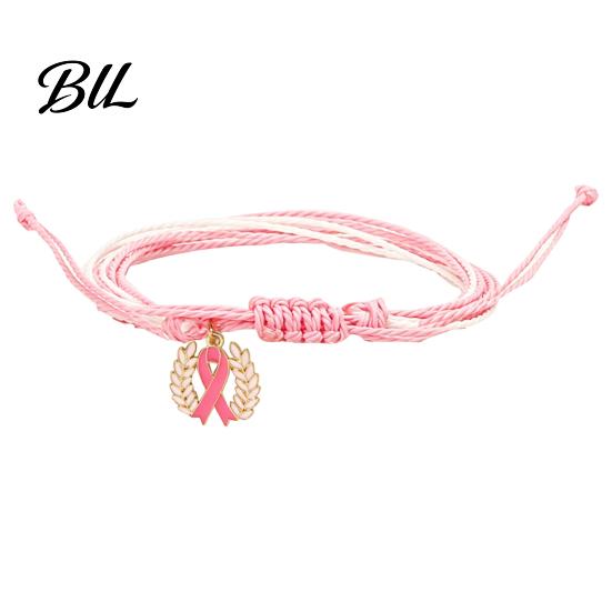 Adjustable Braided Bracelet Breast Cancer Awareness for Women, Woven String with Lightweight Daily Wear Wristband Ribbon Charm, Handmade Rope Survivor