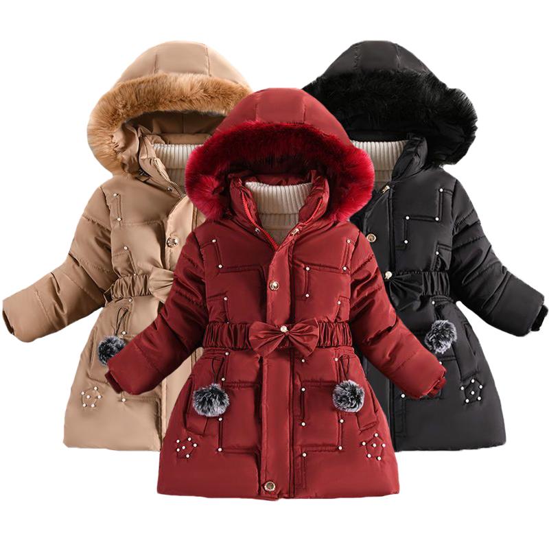 2023 New Thick Keep Warm Winter Girls Jacket Detachable Hat Plush Collar Hooded Coat For Kids 4 Color Children Birthday Present