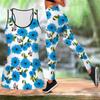 Blue Mostly Flowers Print Yoga Outfit for Women Fashion Workout Leggings Fitness Sports Casual Yoga Set Sports Suit