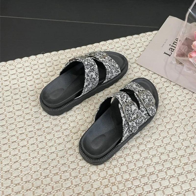 2024 Стразы Кристалл Пряжка Тапочки Женские Фирменный Дизайн Кристалл Двойные Шлепанцы Женские Платформы Слайды Сандалии Большой Размер 42