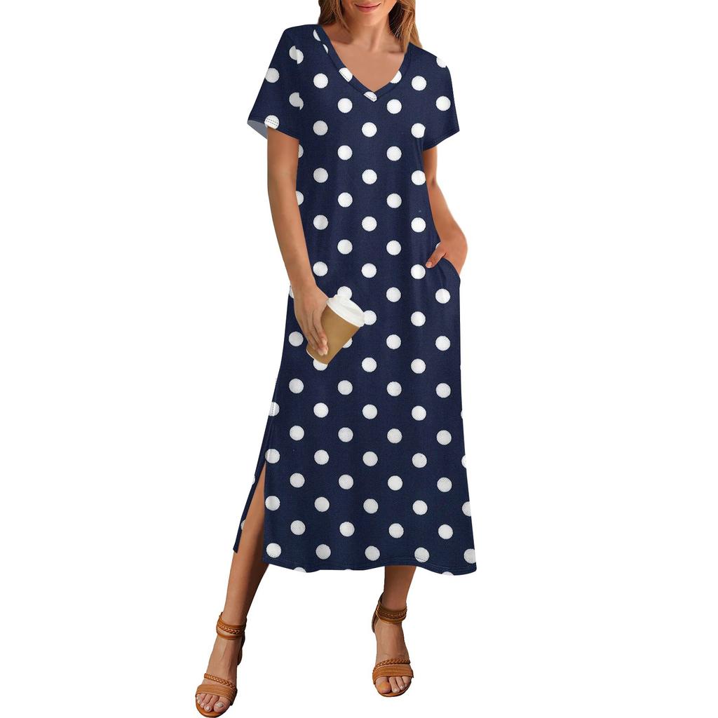 Women's Summer Polka Dot Print Dress Short Sleeve Beach Dress With Pocket Casual V-neck Hem Side Slit Dress