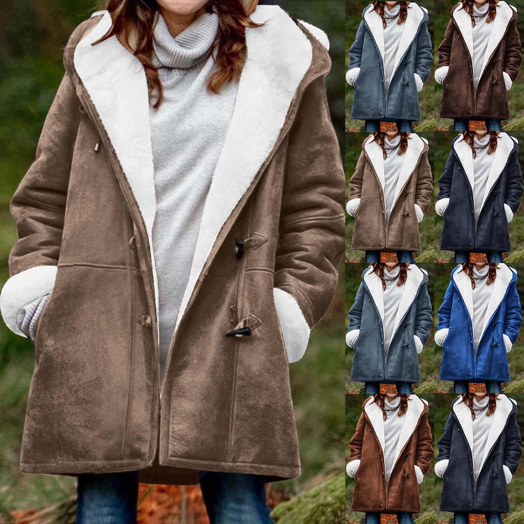 Women's Winter Coat Fleece Lined Jacket Long Sleeve Horn Button Plush Warm Coat