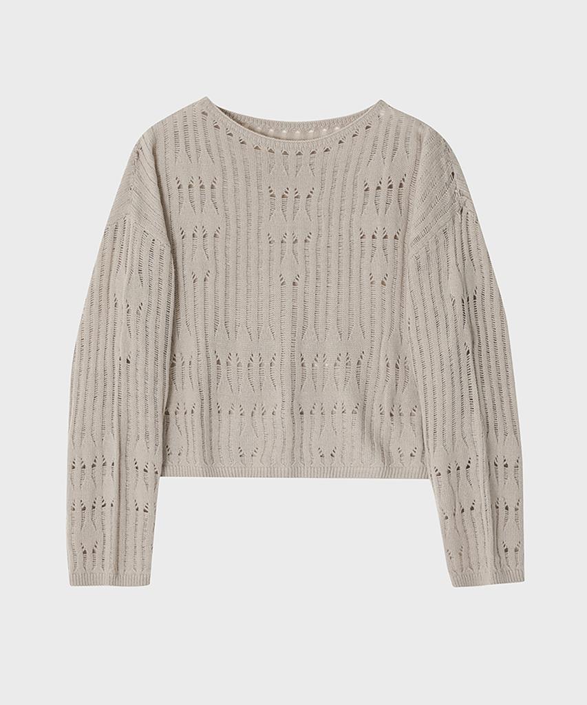 NOIRER FOR WOMAN Wool Damaged Boat Neck Knit Top (Beige)