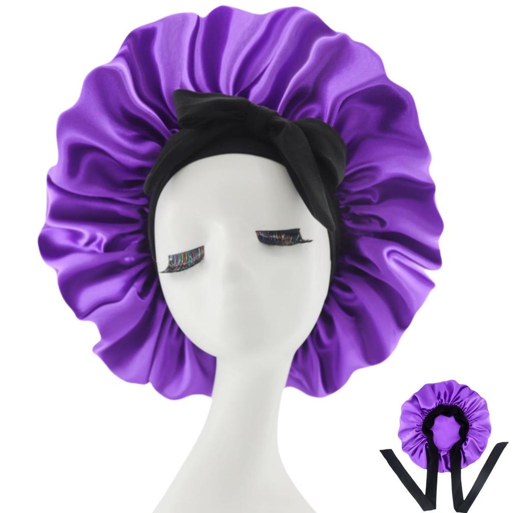 Silk Satin Sleep Cap with Ribbon Bow for Women - Elastic Wide Brim Bath Headscarf Hat for Hair Care