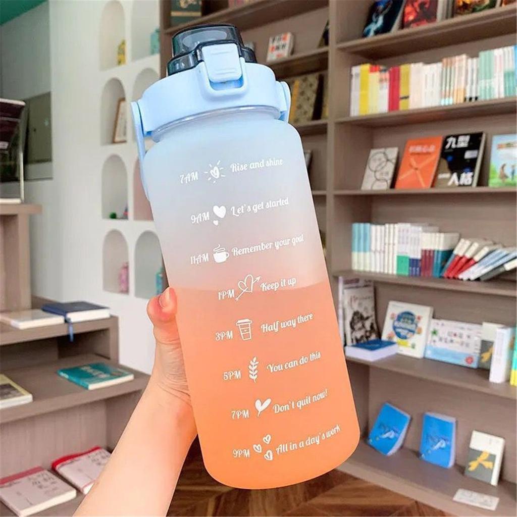 2L Sports Straw Water Bottle With Stickers Portable Large Capacity Fitness Bike Cup Summer Ice Cold Water Jug With Time Marker